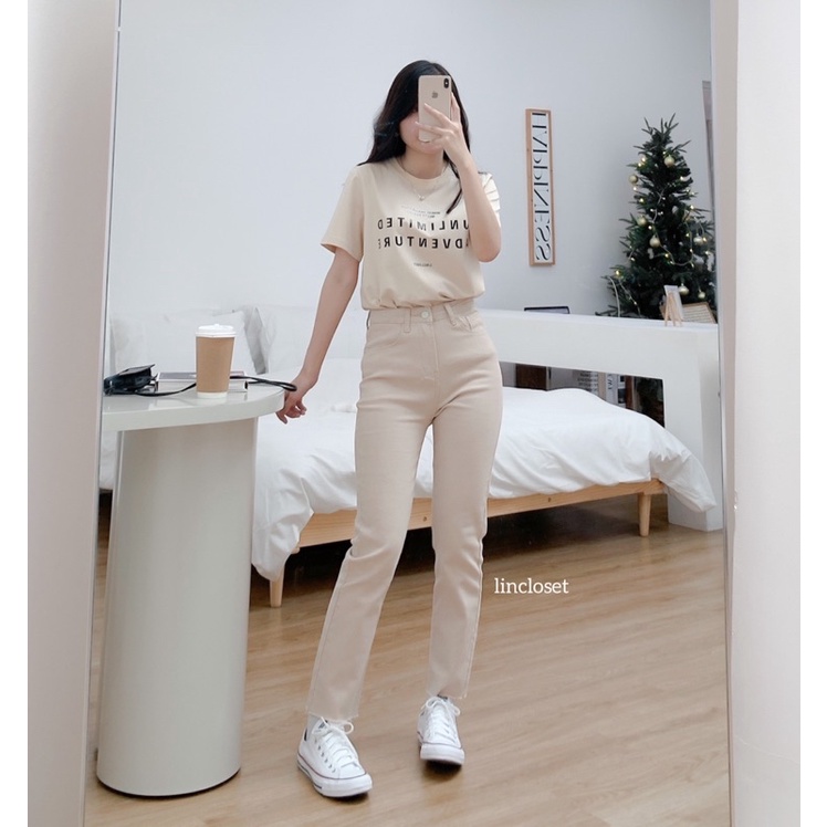 Quần jeans nữ màu kem, Hàng mới Lin Closet 2021, QDL25