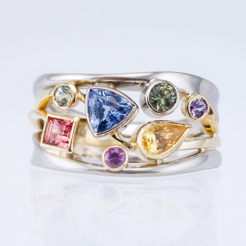Nhẫn đính nhiều hạt đá zircon nhiều màu sắc tinh tế cho nữ