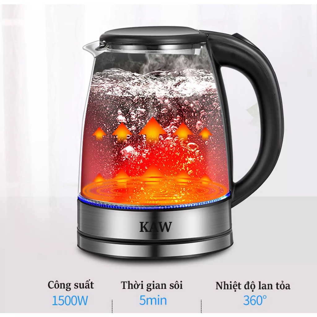 Ấm siêu tốc, bình đun nước siêu tốc KAW dung tích 2L công suất 1500w- bình siêu tốc thủy tinh KAW chính hãng