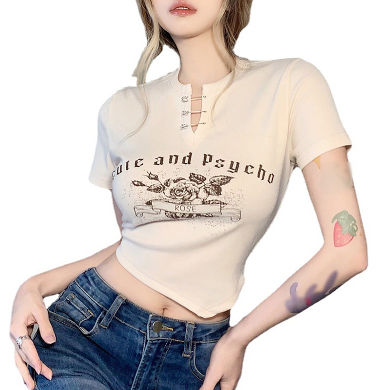 Áo Thun Lửng Ngắn Tay Cổ Chữ V In Họa Tiết Hoa Hồng Và Chữ Thời Trang Dành Cho Nữ