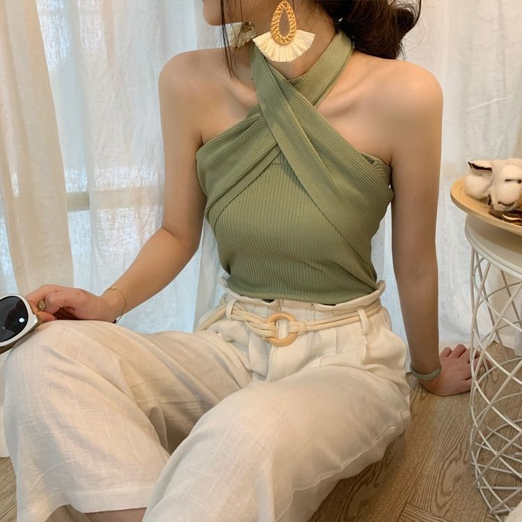 Áo Thun Dệt Kim Vải Lụa Lạnh Ôm Dáng Trễ Vai Cổ Yếm Thời Trang Cho Nữ