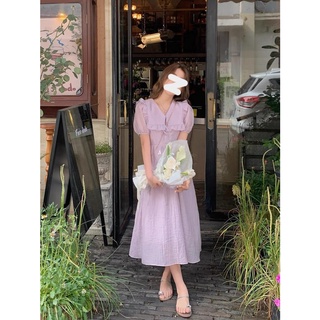Váy tơ cổ sen bèo thắt nơ dáng midi tiểu thư