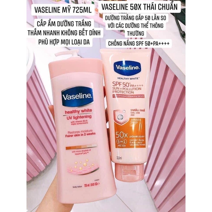 Sữa dưỡng thể Vaseline Healthy White UV Lightening Body Lotion 725ml giúp dưỡng trắng dưỡng ẩm phù hợp cho mọi loại da