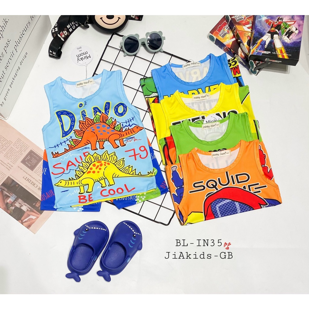 Bộ Ba Lỗ VẢI 3D MINKY MOM In Hình Họa Tiết Khủng Long Siêu Anh Hùng Cho Bé BL-IN35