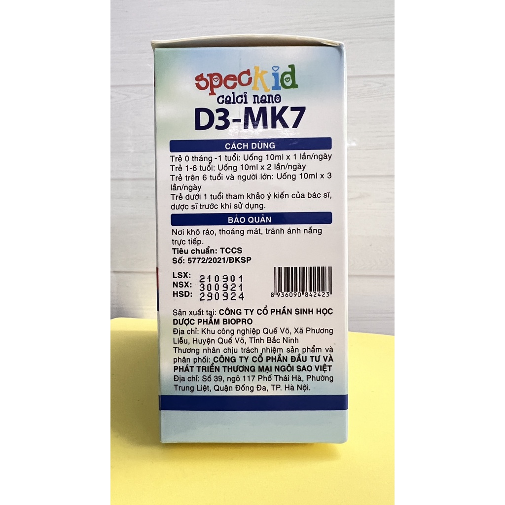 Speckid calci nano D3 Mk7 giúp bổ sung và hấp thụ canxi hiệu quả,tăng chiều cao Cho bé. Hộp 20 ống