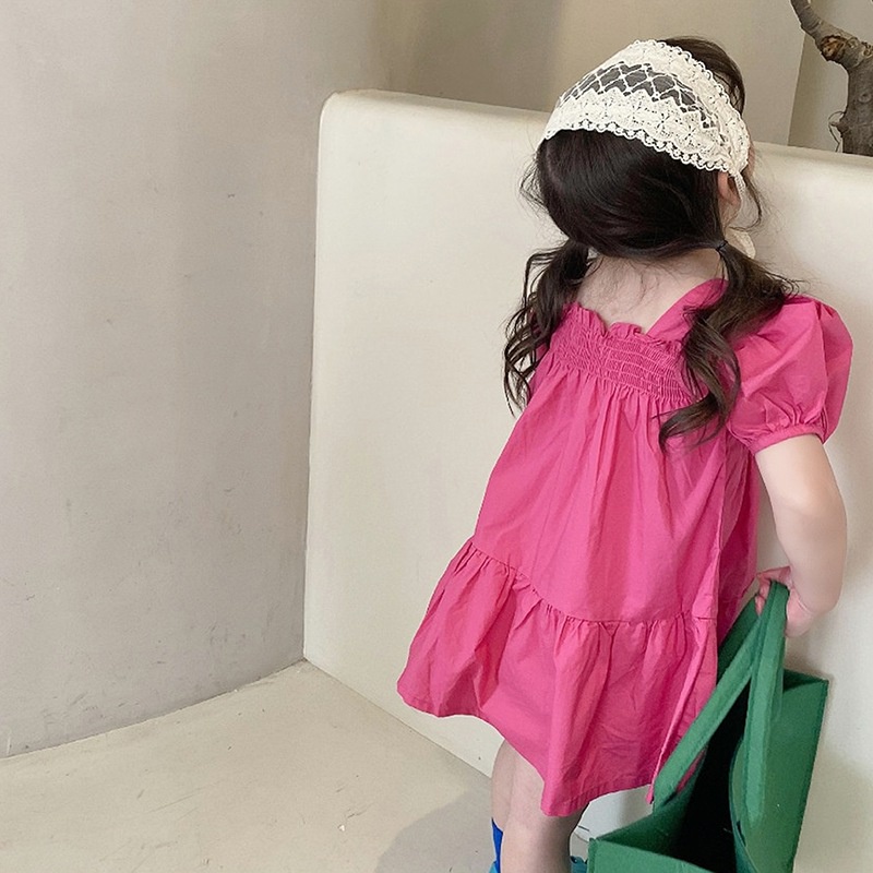 Đầm Tay Phồng Cổ Vuông Màu Trơn Xếp Ly Kiểu Công Chúa Phong Cách Phương Tây Thời Trang Mùa Hè Cho Bé Gái