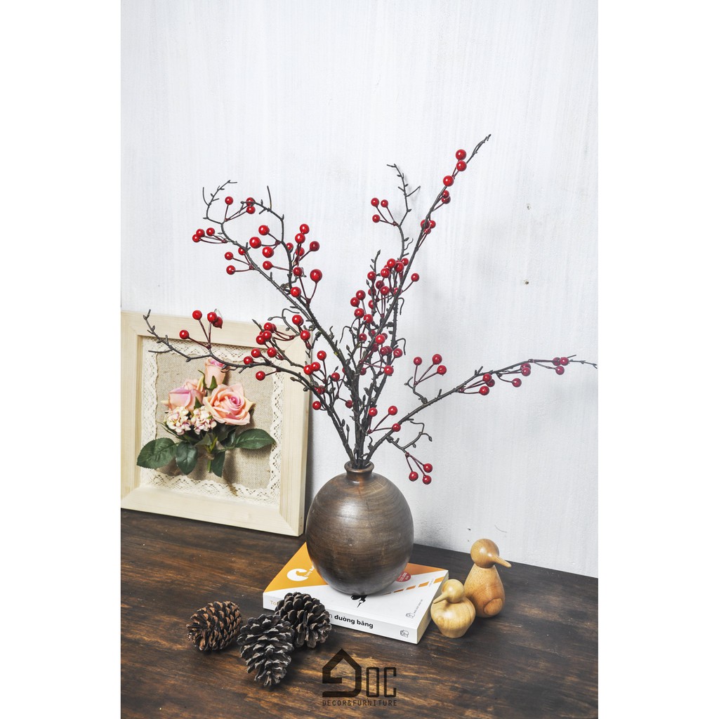 Lọ hoa gỗ kèm hoa đào đông vintage thủ công mỹ nghệ trang trí Góc Decor LH09