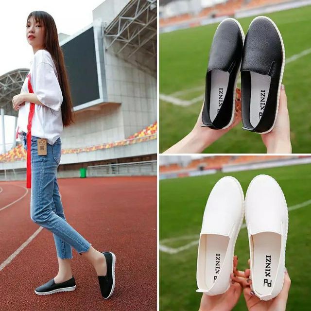 [Hàng quảng châu] Giày slip on da mềm, giày màu trắng, G01 | BigBuy360 - bigbuy360.vn
