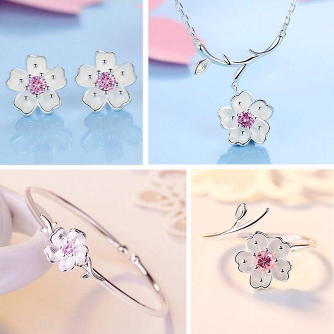 Bộ trang sức nữ hoa anh đào nhụy hồng cành lá thanh mảnh trang nhã đậm phong cách Nhật Bản BTS1506HD