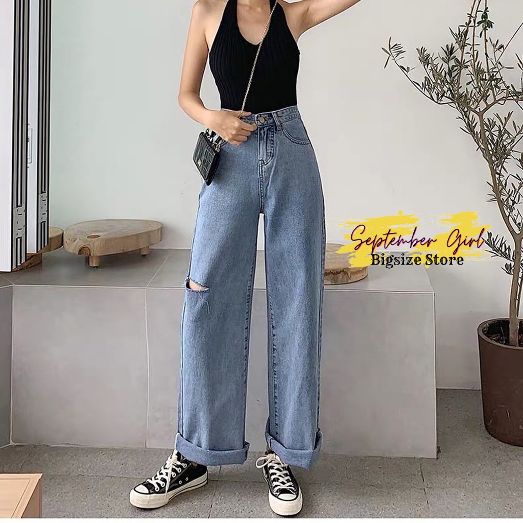 QR 3215 Rách gối Quần Jean Suông Dài BigSize Quần Dài Ống Rộng Jeans Form To Không Giãn - Rách gối