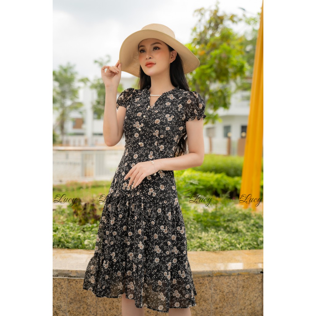 Đầm xòe Kupipi 0971 cổ V nối ngọc hoa voan Váy Lucy