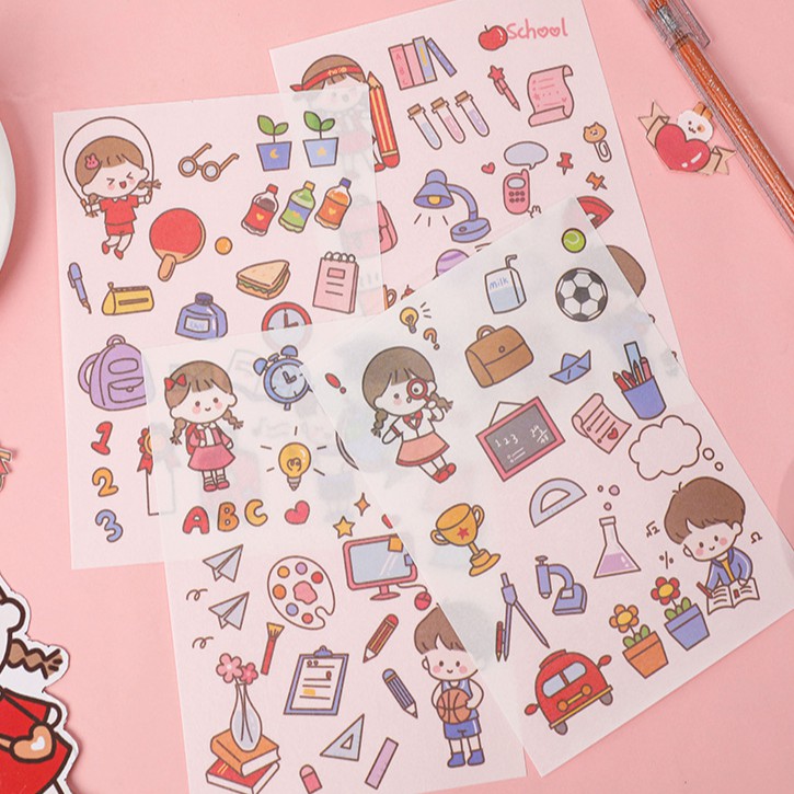 Bộ 4 Tấm Miếng Sticker Hình Dán Học Sinh Nhật Bản Trang Trí Sổ Tay Nhật Ký Điện Thoại Khay Đựng Bút D159