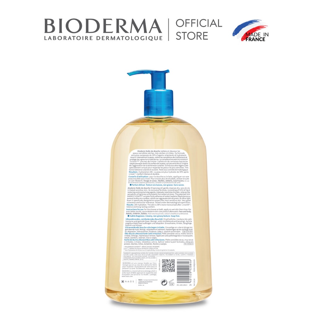 Dầu tắm giúp làm sạch, làm dịu và dưỡng ẩm dành cho da khô, da nhạy cảm Bioderma Atoderm Huile De Douche 1L