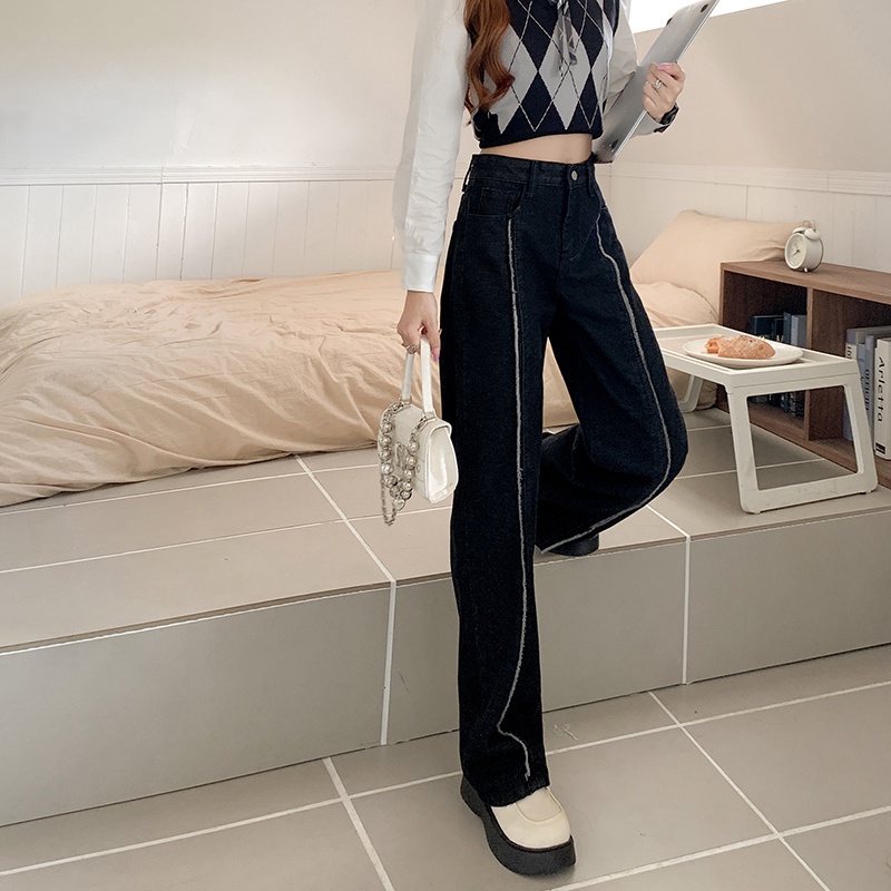 【ZHELIHANGFEI】Quần Jean Ống Rộng Lưng Cao Cá Tính Dễ Phối Đồ