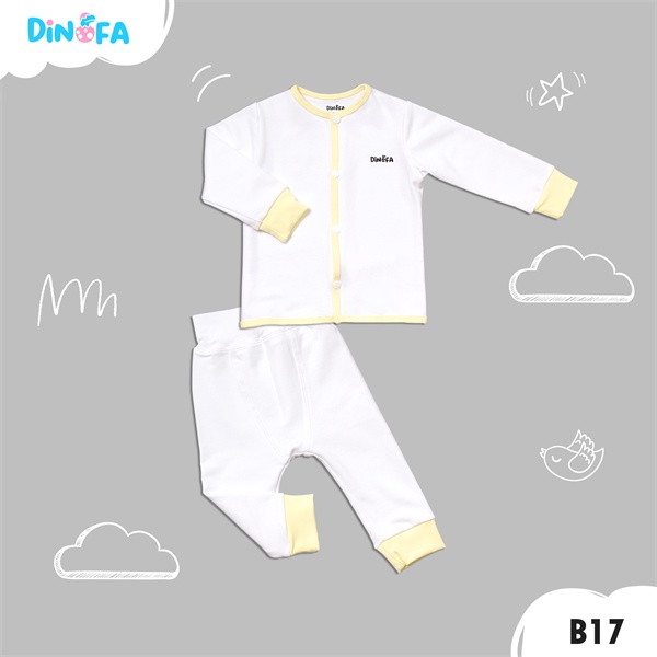 [DINOFA] Set áo quần cho trẻ sơ sinh màu trắng, viền vàng, cúc thẳng