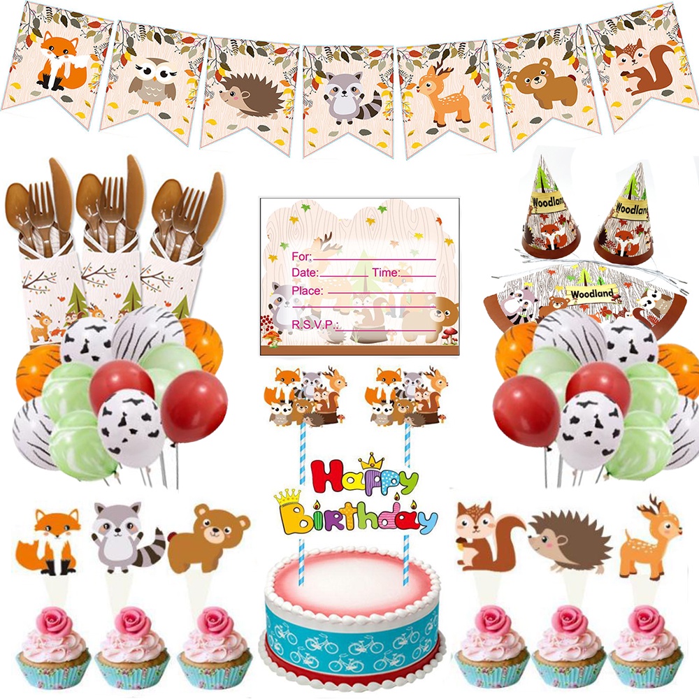 Children Cartoon Animal Birthday Party Decoration Zoo Fox Bear Banner Disposable Tableware Party Decorations