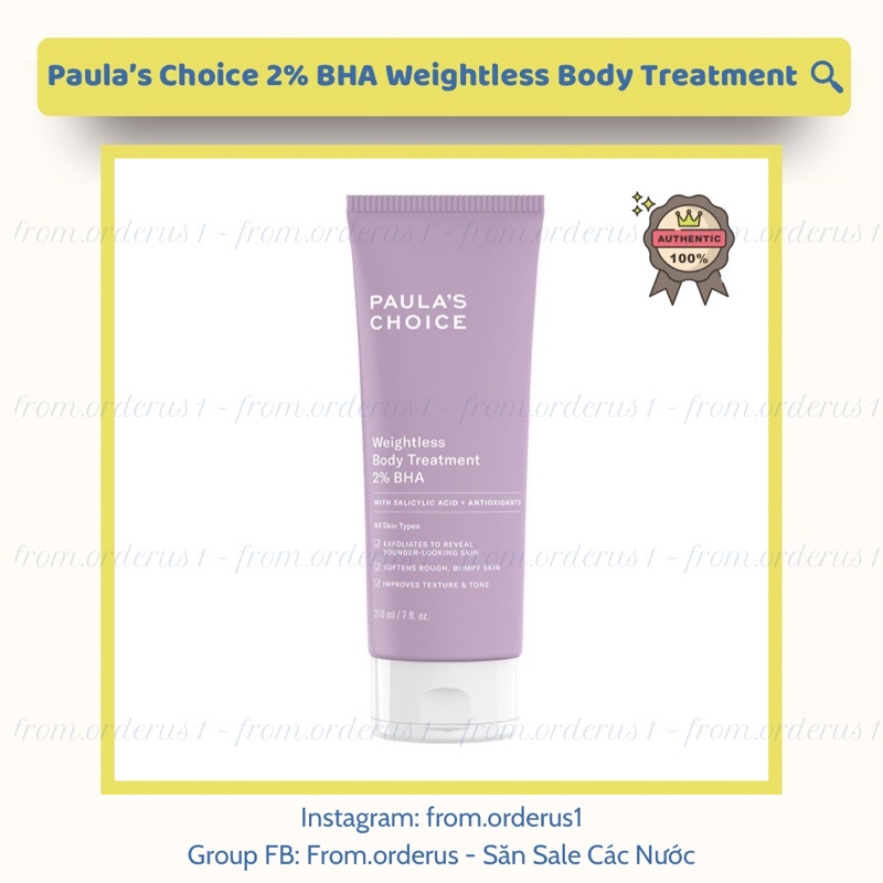Kem Dưỡng Thể Ngừa Viêm Lỗ Chân Lông Paulas Choice 2% BHA Weightless Body Treatment 210ml