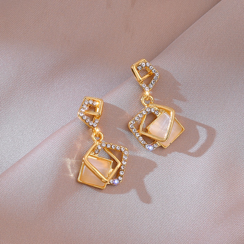 Bông tai nữ bạc s925 dáng thả hình vuông đính đá sang trọng thời trang Hàn Quốc Lémi accessories