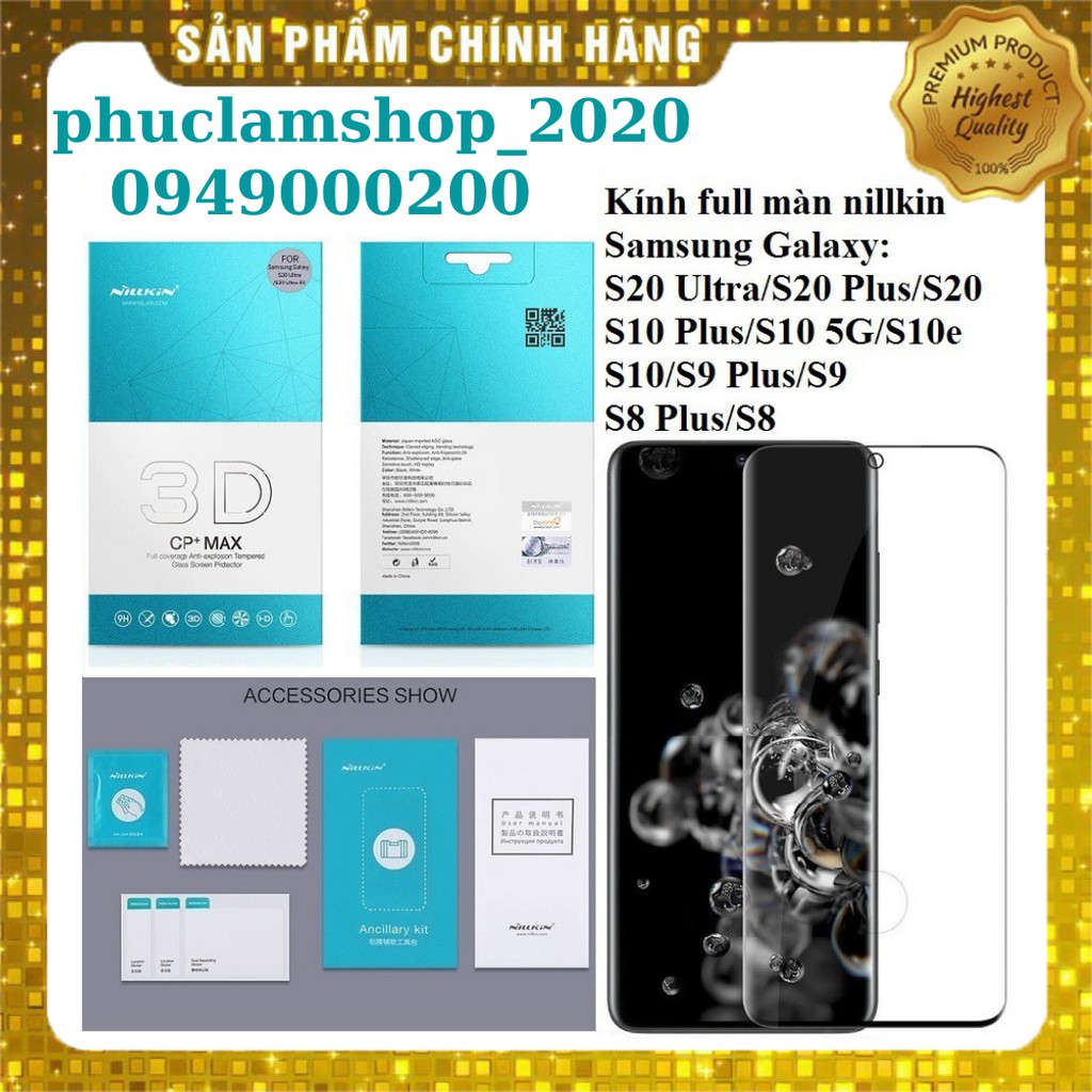 Kính cường lực Nillkin 3D CP+ MAX cho Samsung Galaxy S20 Ultra/S20 Plus/S20/S10 Plus/S10 5G/S10e/S10/S9/S8 full màn hình