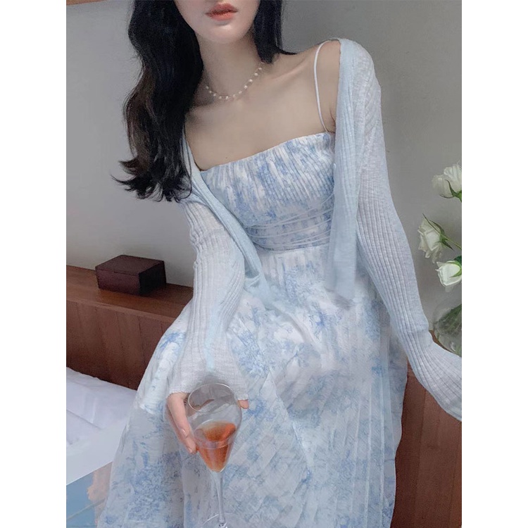 sẵn Jane Set đầm tiểu thư xếp li voan hoa xanh họa tiết vintage + áo khoác mỏng Blue điệu đà