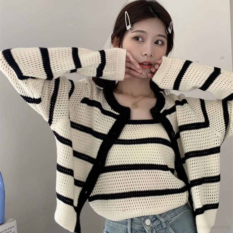 Set Áo Len 2 Dây Kèm Áo Khoác Cardigan Thời Trang Nữ