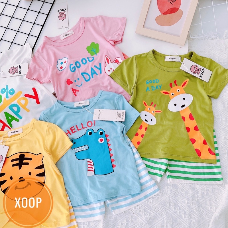 Bộ cộc tay chất thun lạnh- Bộ cộc tay xoop in họa tiết 100% happy cho bé (2045)