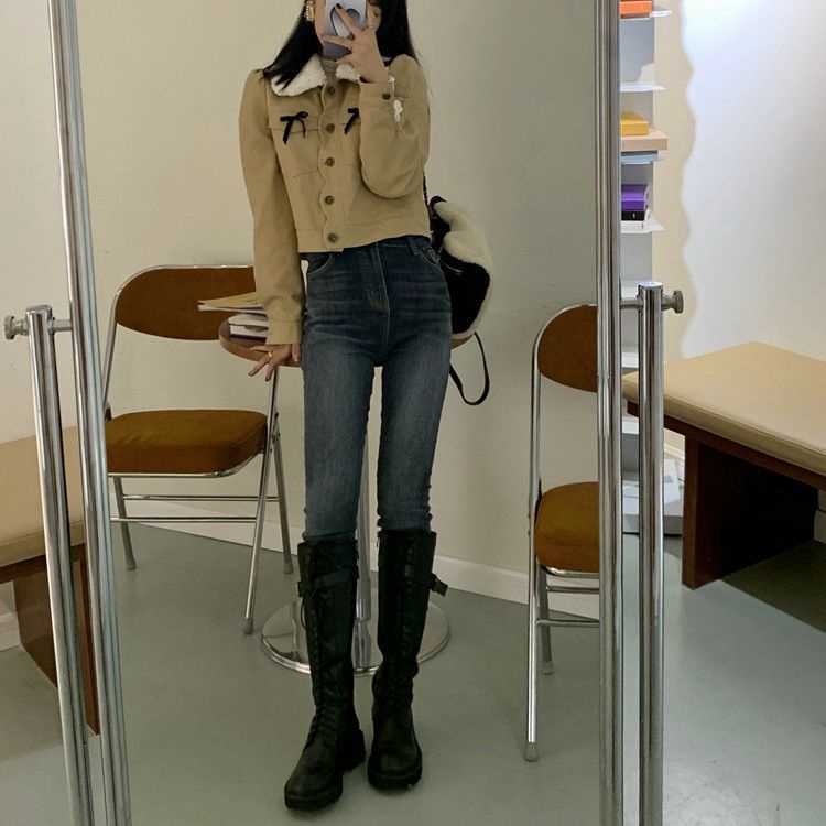 Xiaozhainv Quần jean dài Xiaozhainv lưng cao dáng ôm ống loe kiểu vintage cá tính cho nữ