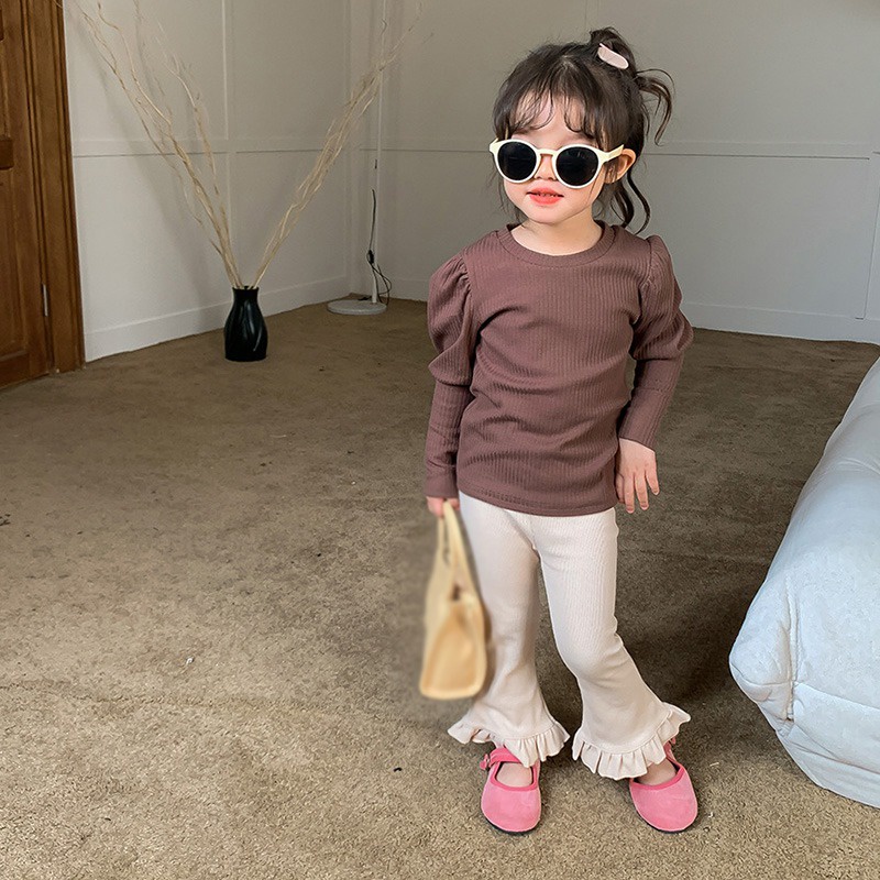 Áo Thun Cotton Tay Phồng Kẻ Sọc Ngang Phong Cách Hàn Quốc Thời Trang Mùa Thu Cho Bé Gái