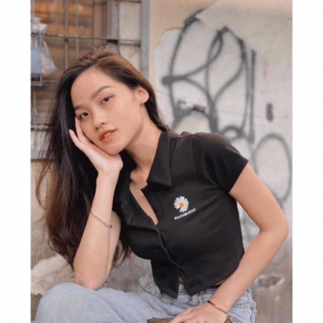 (Ảnh thật) Áo croptop cổ bẻ cài nút thêu hoa 3 màu(trắng/đen/tím)