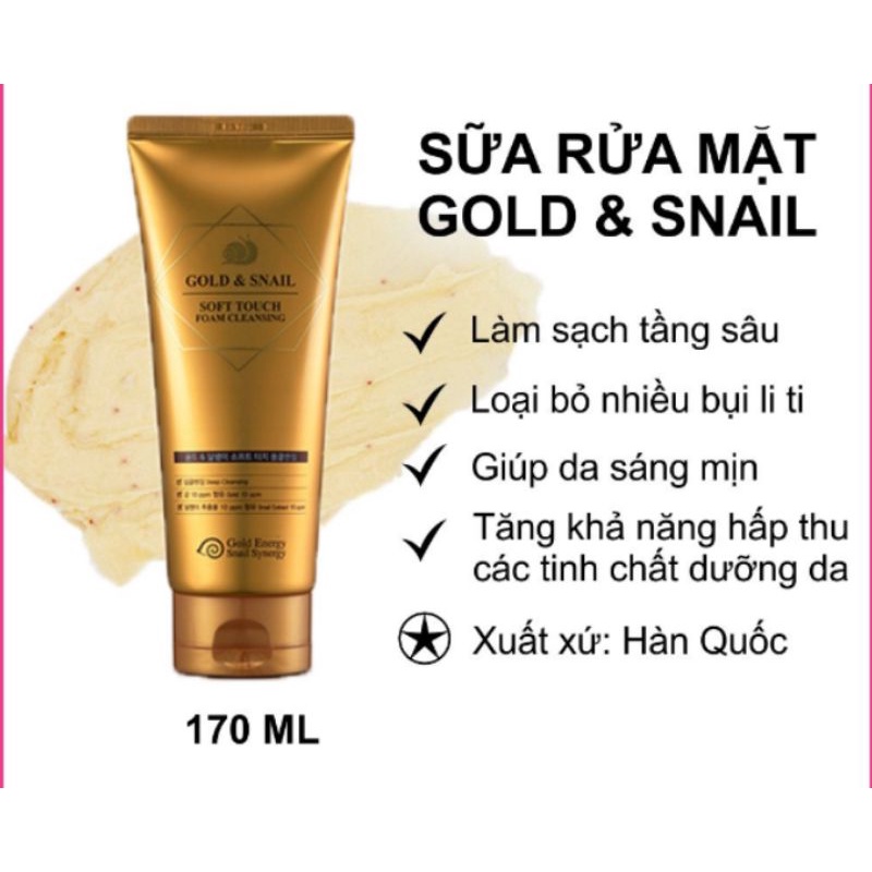 Sữa rửa mặt Hàn Quốc dạng kem, ít bọt, không chứa cồn tinh chất ốc sên và vàng 24k, kiềm dầu,không khô da Gold Snail