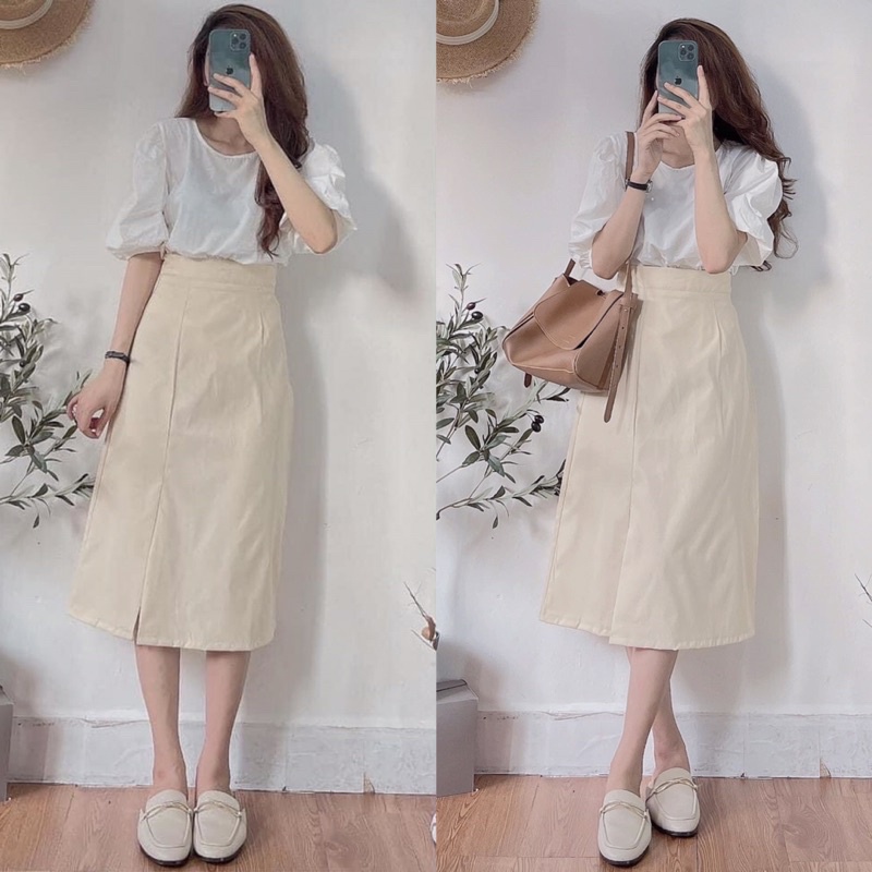 Chân váy kaki dài dáng chữ A xẻ tà phong cách công sở thanh lịch ba màu dễ phối đồ