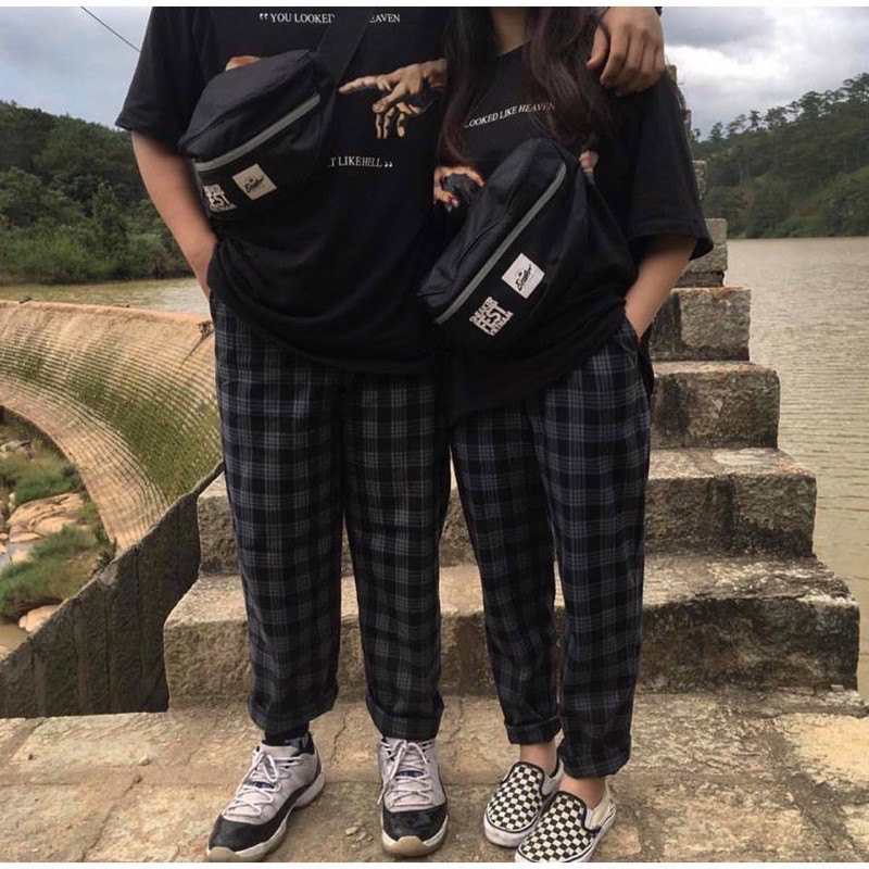 Quần caro Plaid Pant ống rộng Unisex Nam nữ - Quần kẻ sọc cạp chun ống suông