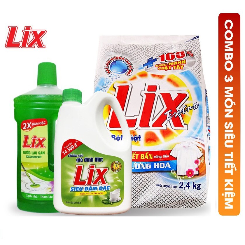 Combo Bột Giặt Lix Extra HH 2.4Kg +Nước rửa chén Lix siêu đậm đặc trà xanh 1.5Kg + Nước lau sàn Lix hương nắng hạ 1L