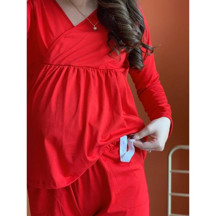 Bộ đồ bầu mặc bầu và sau sinh dài vạt chéo 100% cotton