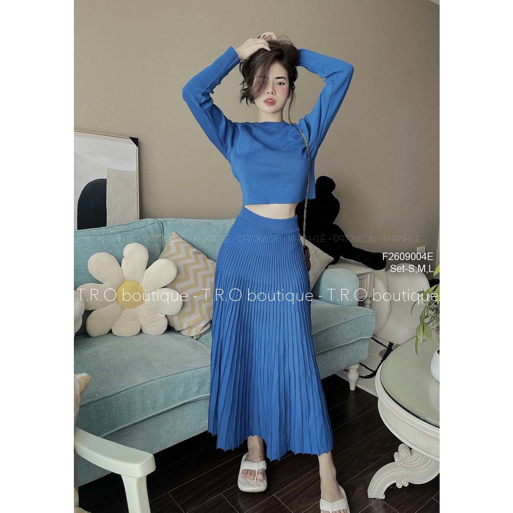 Set bộ len lông áo tay dài croptop phối chân váy dáng dài hàng QC!
