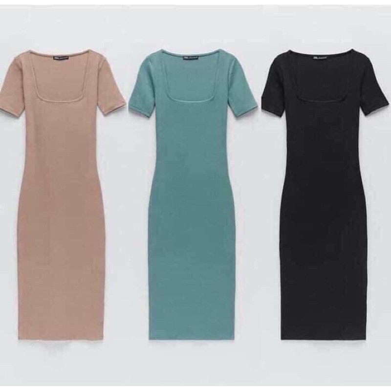 Váy body tay lỡ cổ vuông Bingshop dáng dài vải tăm co dãn | BigBuy360 - bigbuy360.vn