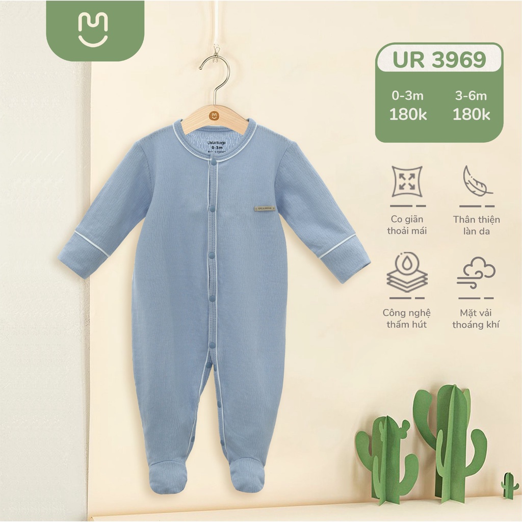 Bodysuit chùm chân cúc giữa Ualarogo 0-6 tháng vải cotton thấm hút dài tay
