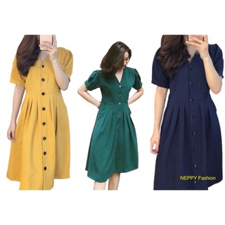 [Mã giảm 30k, 20k,12k, 5k đơn 0đ] Đầm nữ xòe xếp li 3 màu xanh đen, xanh lính, vàng cổ V nút bọc váy công sở Neppy N1W18