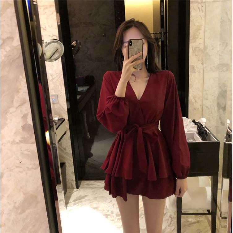 Xiaozhainv Đầm dáng chữ A tay dài cổ chữ V quyến rũ cho phái nữ | BigBuy360 - bigbuy360.vn
