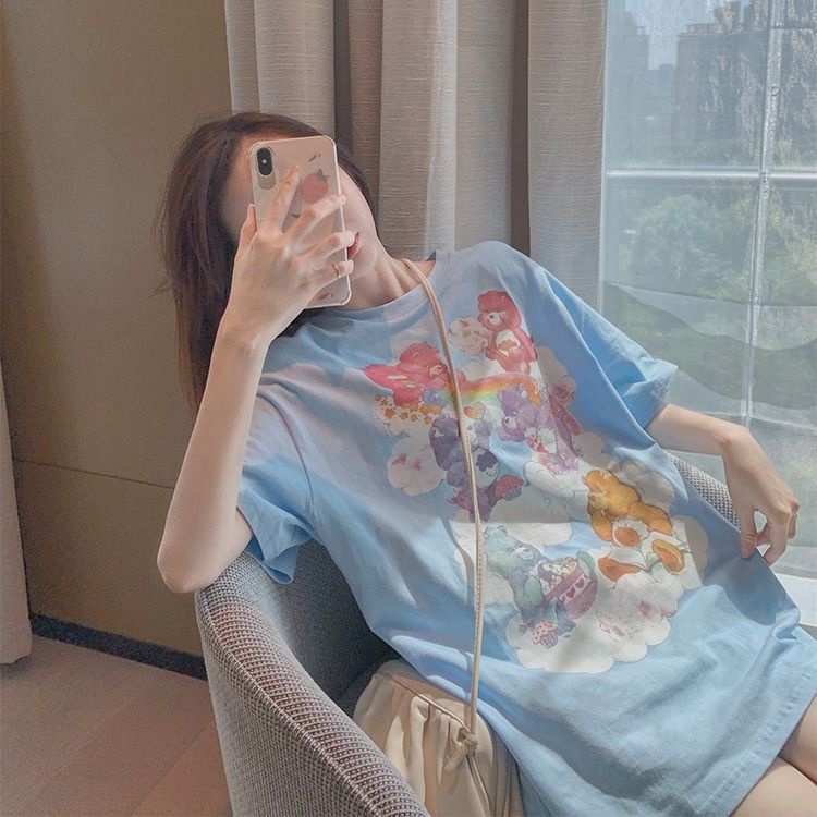 Jiashucheng Áo Thun Cotton Tay Ngắn Dáng Rộng In Hình Gấu Màu Xanh Dương Thời Trang Mùa Hè 2023 Mới Cho Nữ