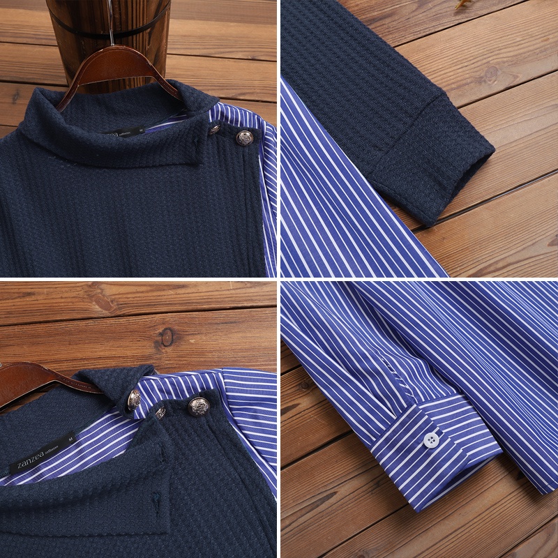 Áo kiểu ZANZEA cổ lọ phối họa tiết kẻ sọc thời trang cho nữ