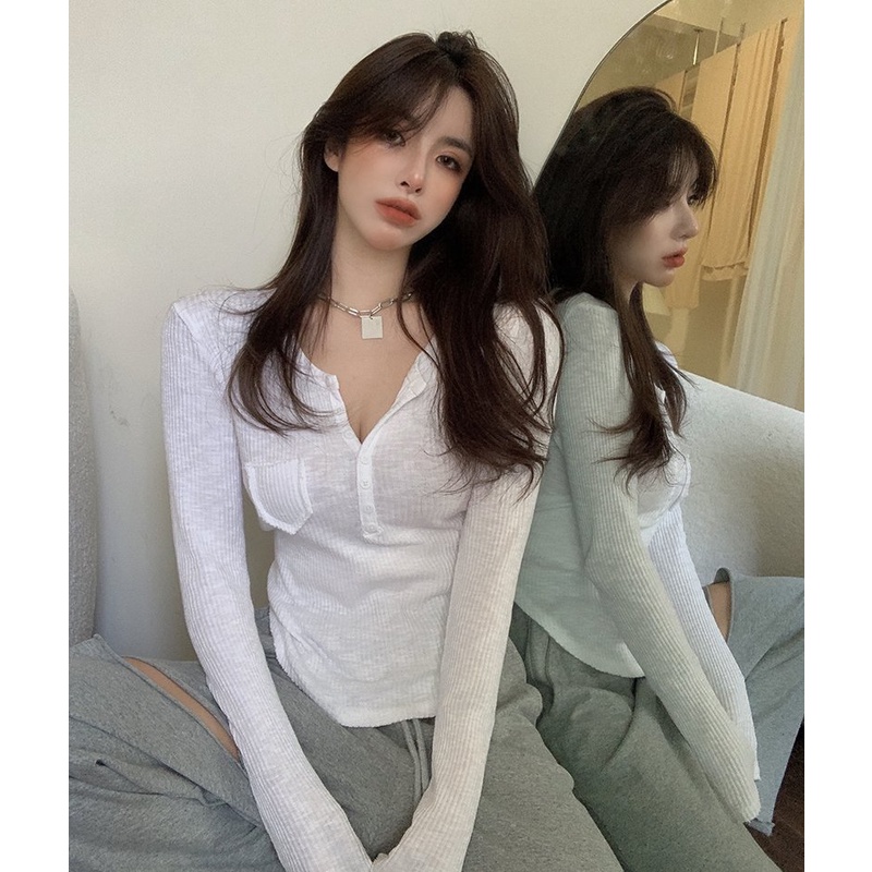 Áo croptop nữ dài tay thun tăm túi ngực Wikishop đen trắng vàng freesize form ôm tôn dáng cài cúc sexy tôn dáng C535