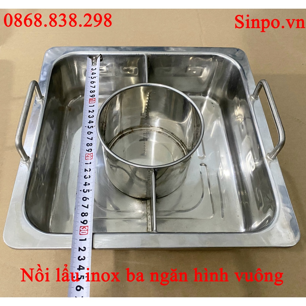 Nồi lẩu inox 3 ngăn, xoong 3 ngăn inox vuông dùng được cho bếp từ