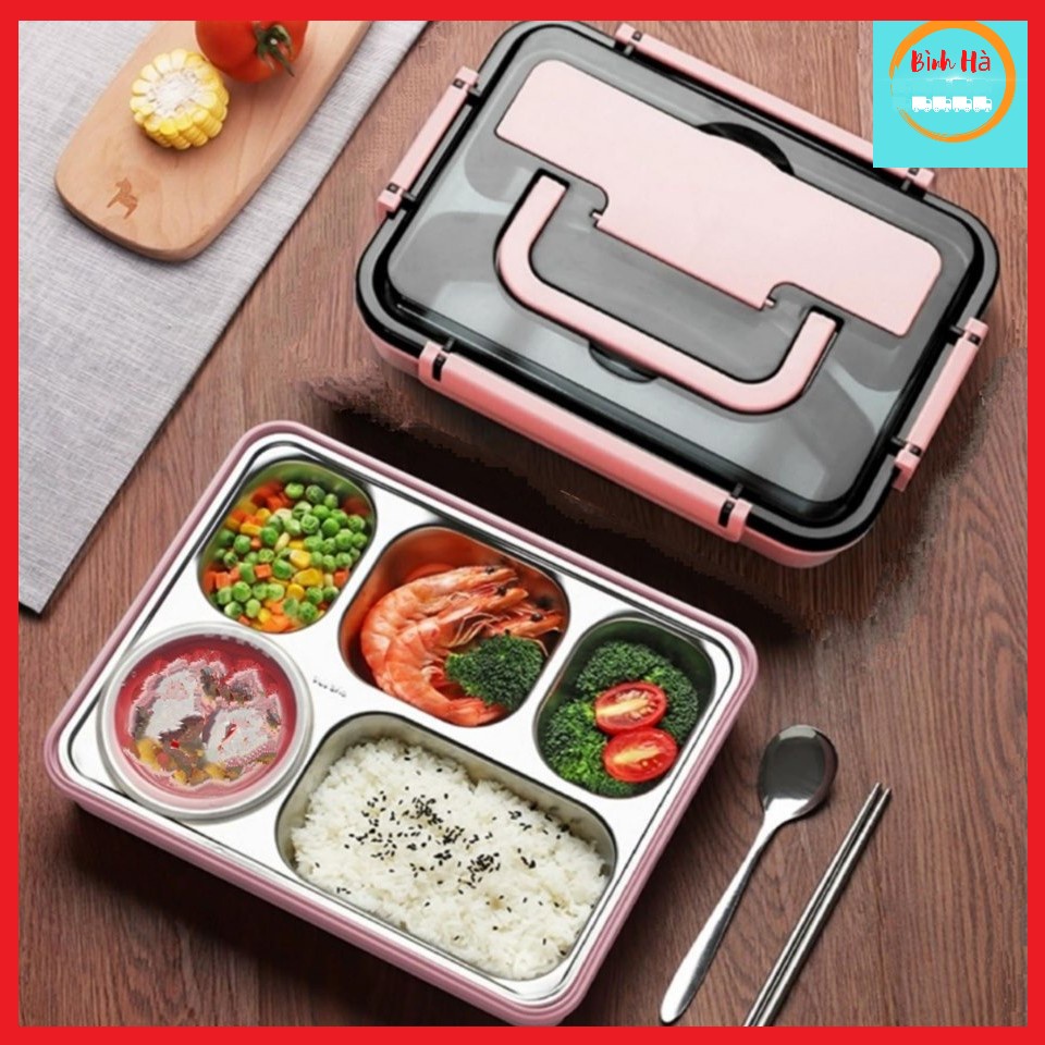 Hộp cơm inox 5 ngăn có nắp đậy, khe cắm điện thoại tặng kèm muỗm thìa inox