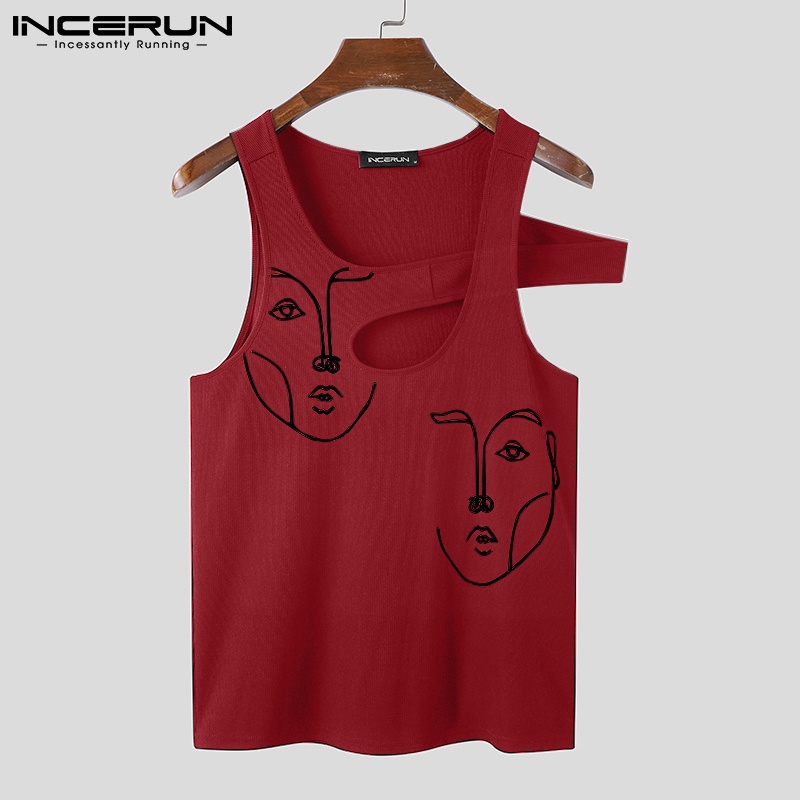 Áo tanktop INCERUN dành cho nam thiết kế không tay cắt lỗ in hình thời trang