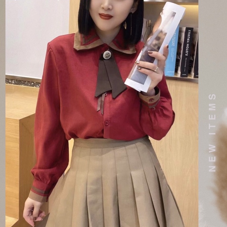 Áo sơ mi dài tay DAISY kiểu cổ đức chất liệu nhung cotton mềm mịn kèm nơ cổ trẻ trung thanh lịch SMG1030