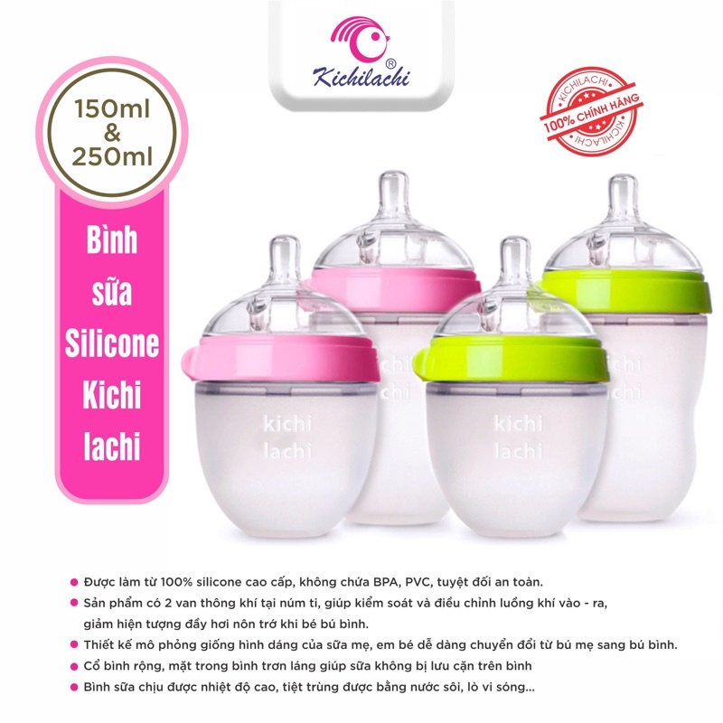 Bình Sữa Silicon Kichilachi Siêu Mềm Chống Sặc Cho Bé 150 - 250Ml [Kèm Núm Ti]