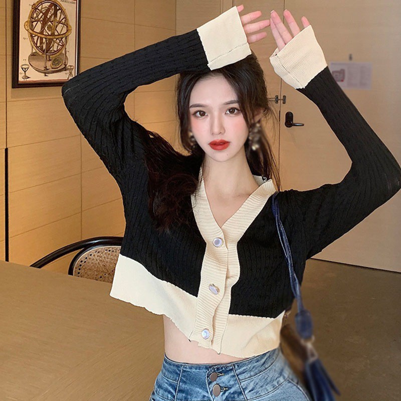 Áo Cardigan Dệt Kim Tay Dài Cổ Chữ V Màu Tương Phản
