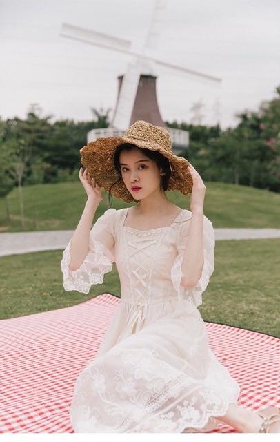 [SẴN SIZE S] Đầm Trắng Dài Vintage Thêu Hoa Nơ Ngực Váy Công Chúa Ren Đầm Tiểu Thư Retro Cổ Vuông Đầm Xoè Đầm Suông