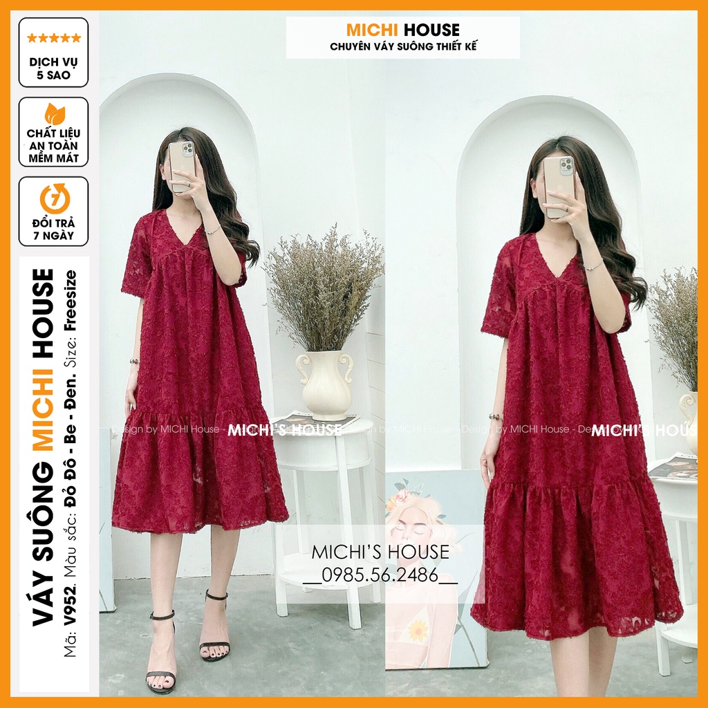 Váy Dáng Suông Rộng Dài MICHI House V952 Đầm Xuông Thiết kế Freesize Cổ V Ngắn Tay Mặc Xinh Tất Cả Mọi Người